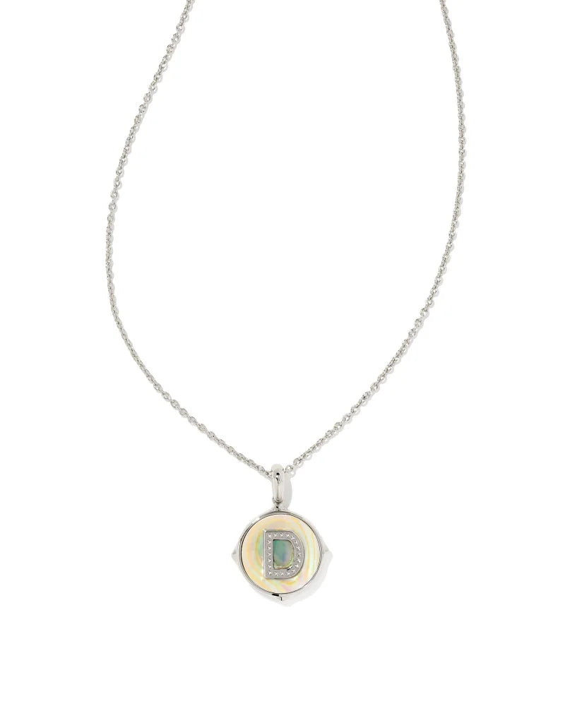 Kendra Scott Letter D Disc Pendant Necklace Rhodium Iridescent Abalone-Necklaces-Kendra Scott-N1800RHD-The Twisted Chandelier