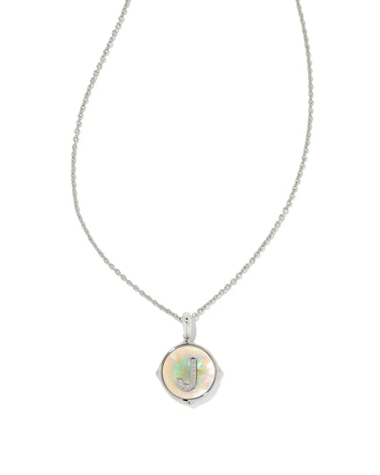 Kendra Scott Letter J Disc Pendant Necklace Rhodium Iridescent Abalone-Necklaces-Kendra Scott-N1800RHD,Sale Kendra Scott-The Twisted Chandelier