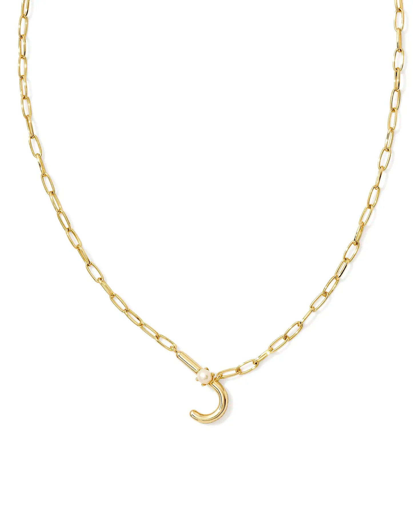 Kendra Scott Pearl Letter J Short Pendant Necklace Gold White Pearl-Necklaces-Kendra Scott-CR 07/31/24,FD 07/31/24,N00736GLD-The Twisted Chandelier