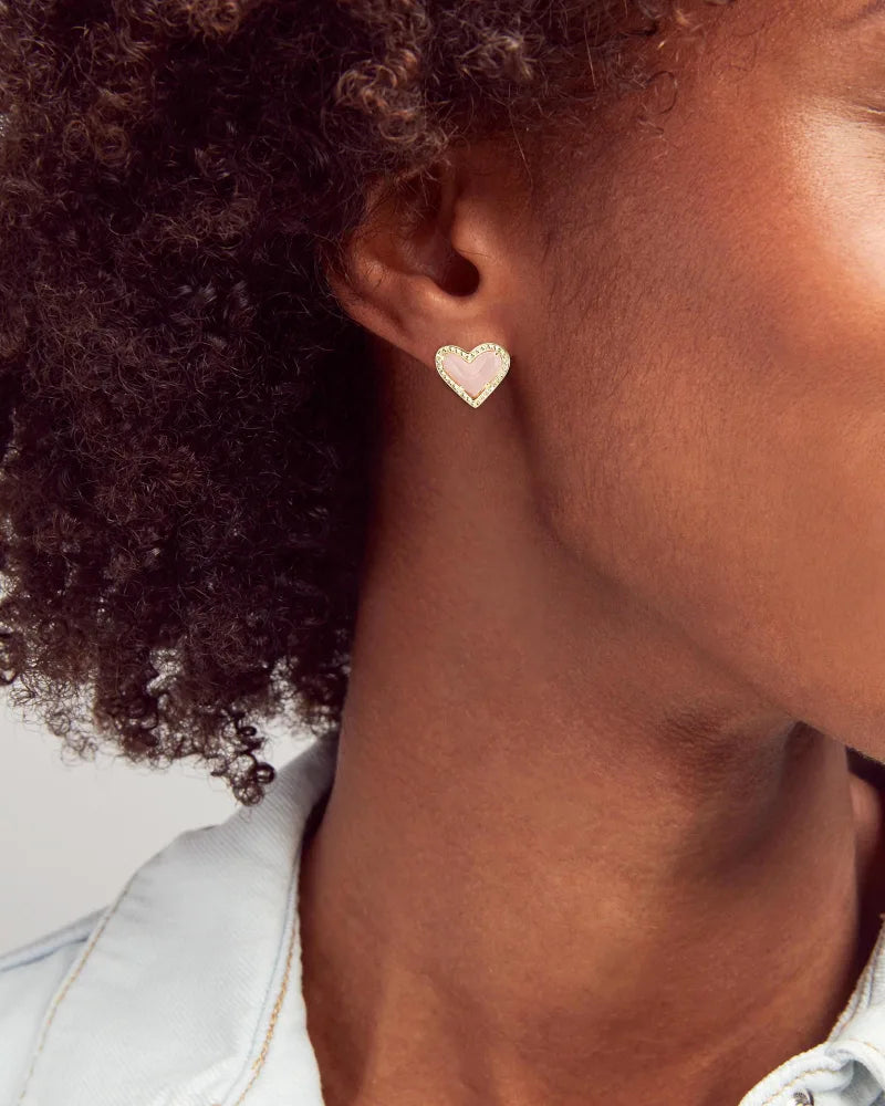 Kendra Scott Ari Heart Gold Stud Earrings in Rose Quartz-Earrings-Kendra Scott-APRIL2022, E1458GLD, KS-The Twisted Chandelier