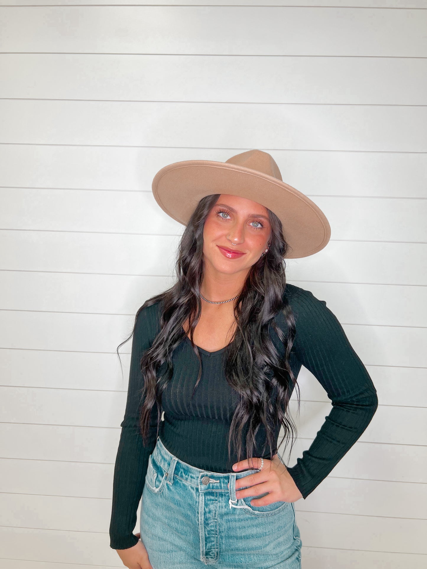 Wool Felt Flat Brim Cowboy Hat - Beige-Hats-Anarchy Street--The Twisted Chandelier