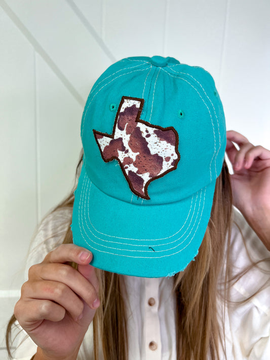 Brown Cowprint Texas Turquoise Ball Cap-Hat-Southern Grace Wholesale--The Twisted Chandelier
