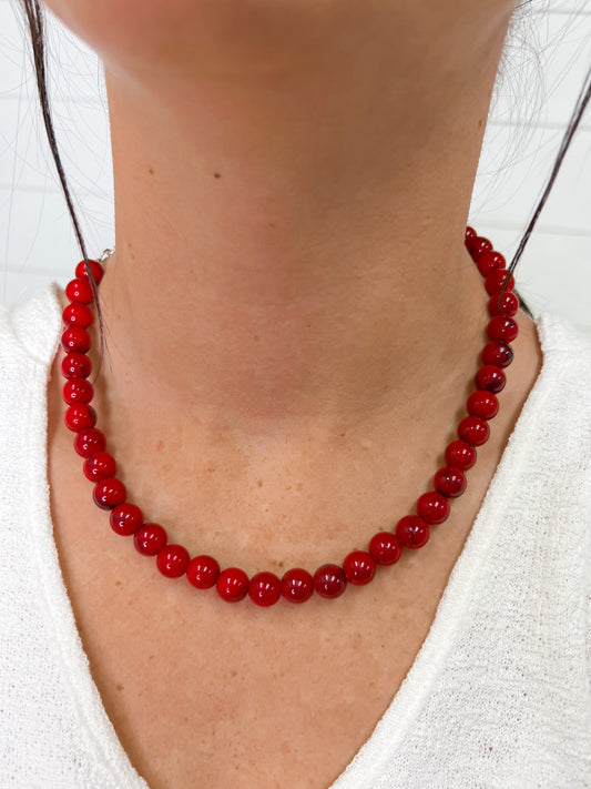 15" Red Round Bead Necklace-Necklace-Isac Trading-734332, FEB2022-The Twisted Chandelier