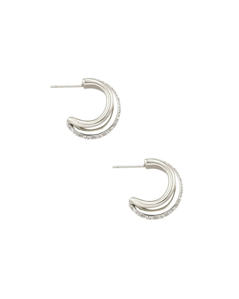 Kendra Scott Livy Silver Huggie Earrings in White Crystal-Earrings-Kendra Scott-APRIL2022, E1733RHD, KS-The Twisted Chandelier