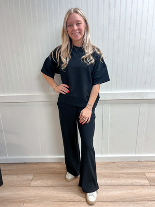 Jovie Ribbed Round Neck Tee & Pants Set – Soft Knit Two-Piece Lounge Outfit - Black-Outfit Sets-Zenana-05/07/26,FD 03/12/26,OGP 59.95-The Twisted Chandelier