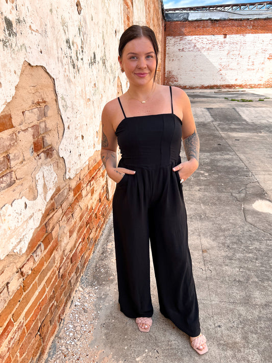Addison Sleeveless Woven Jumpsuit With Black Smocking Detail-Apparel & Accessories-She & Sky-BIN A2, SY5847-The Twisted Chandelier