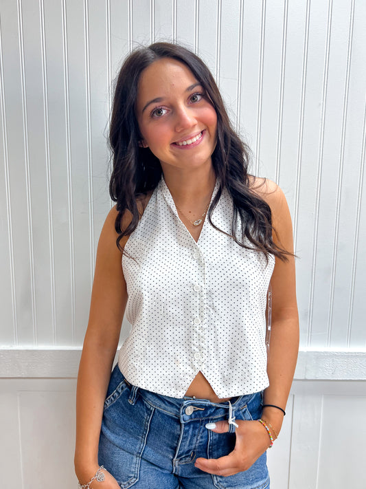 Margot Halter V-Neck Polka Dot Print Vest Top-Active Basic | Active USA-FD 04/30/26,Tops Collection-The Twisted Chandelier