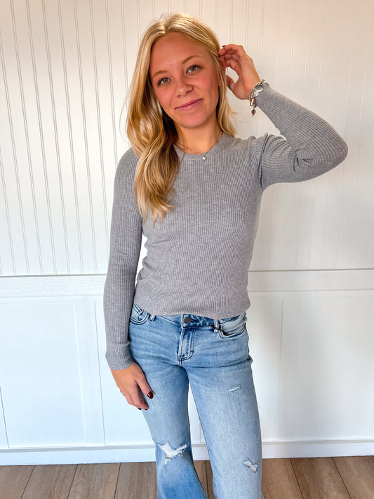 Coraline Long Sleeve Crew Neck Viscose Rib Sweater - Heather Grey