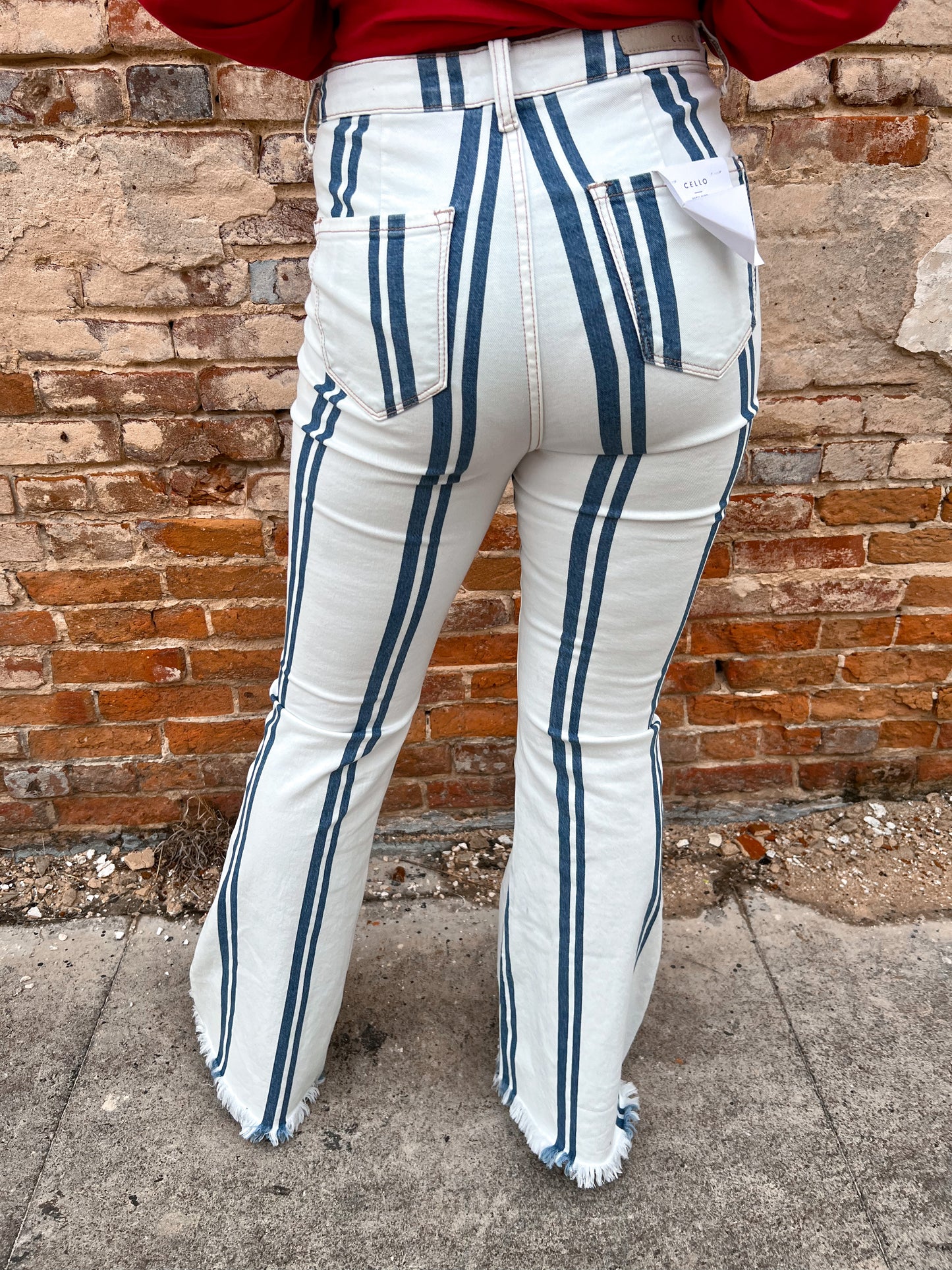 Raylee Stripe High Rise Fray Hem Super Flare Cello Jeans-Pants-Cello-WV38257STR-The Twisted Chandelier
