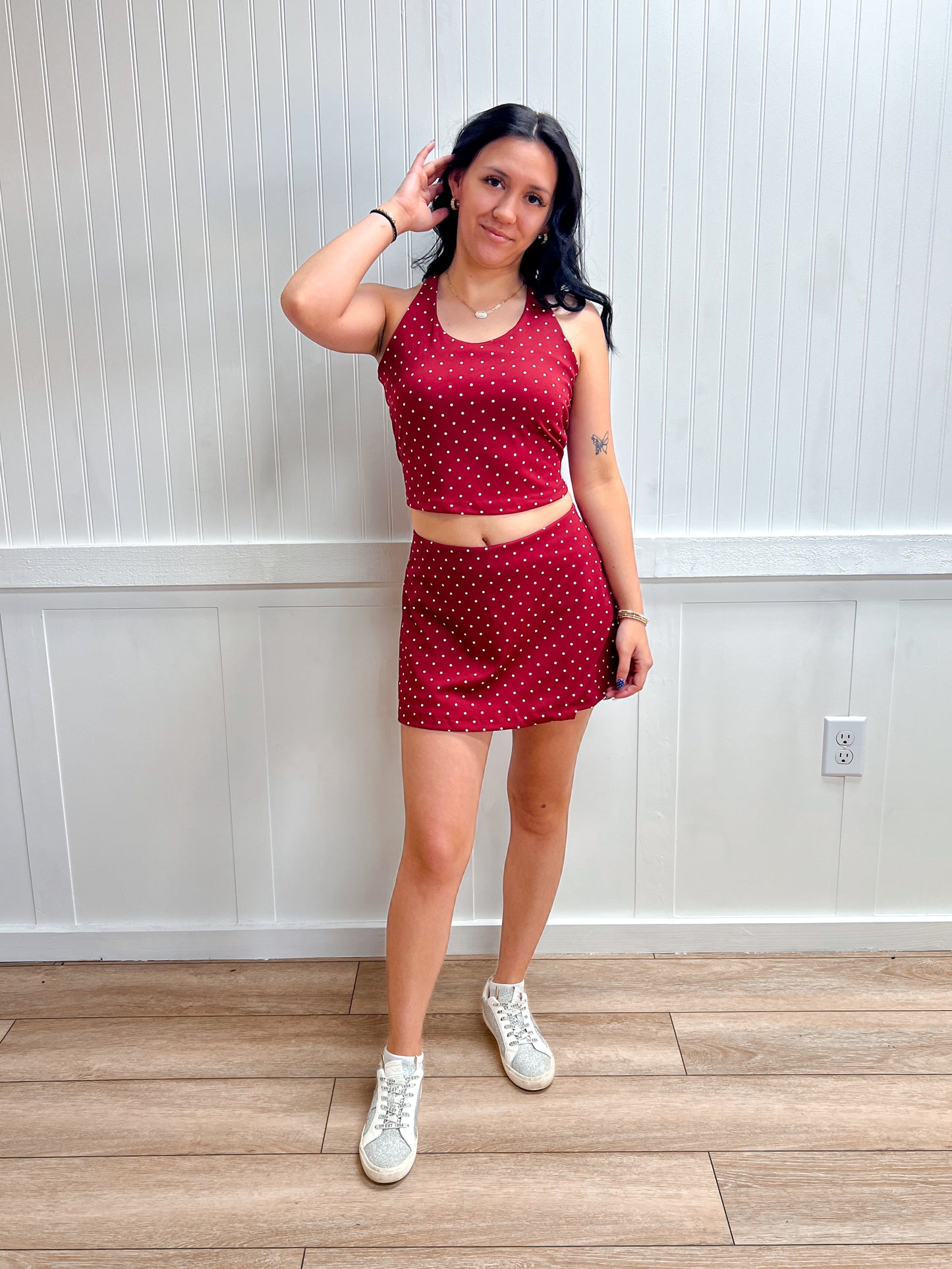 Sienna Strappy Back Tank Top & Wrap Skort Dot Print Activewear Set-Active Basic | Active USA-FD 04/30/26-The Twisted Chandelier