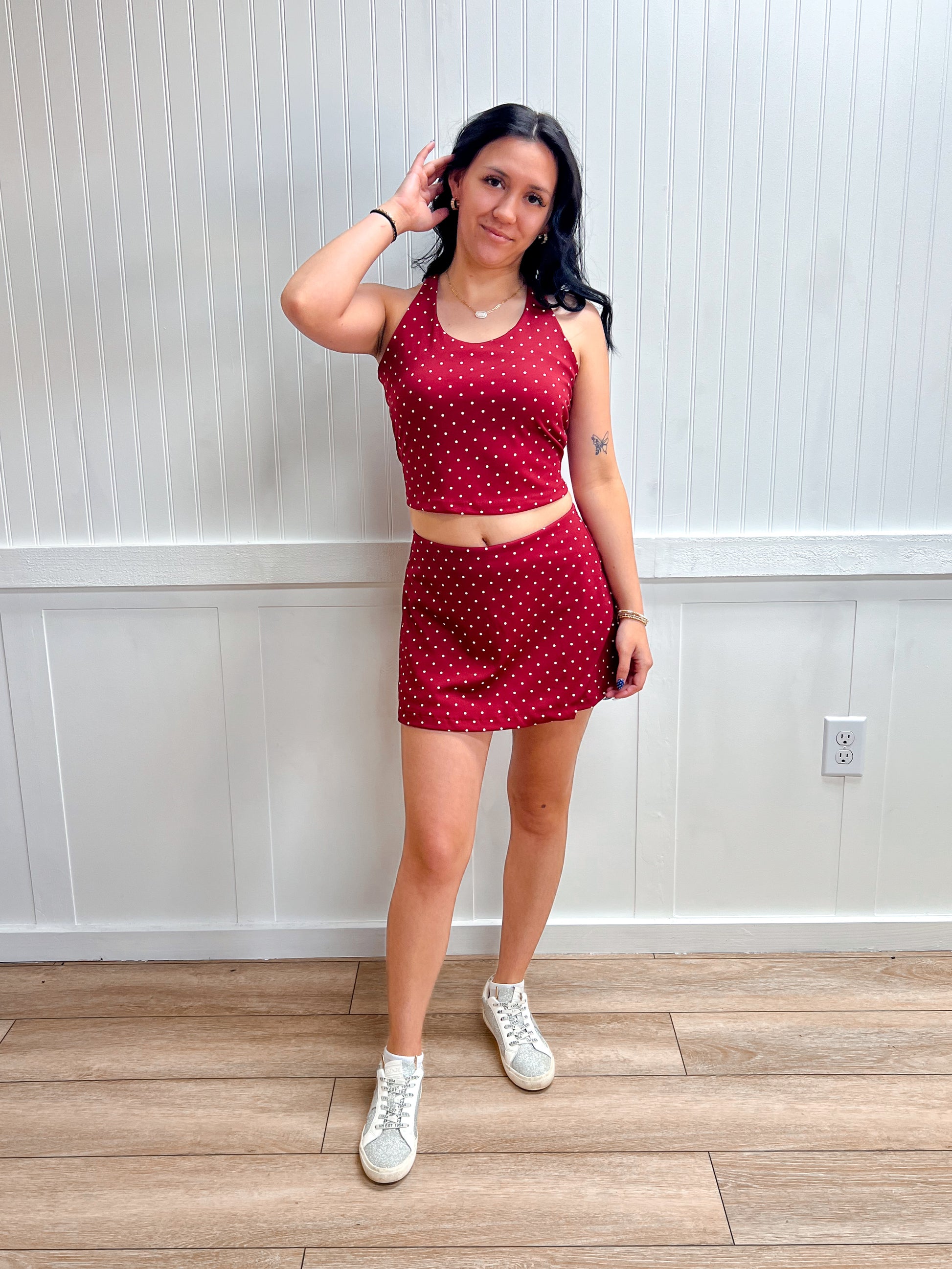 Sienna Strappy Back Tank Top & Wrap Skort Dot Print Activewear Set-Active Basic | Active USA-FD 04/30/26-The Twisted Chandelier