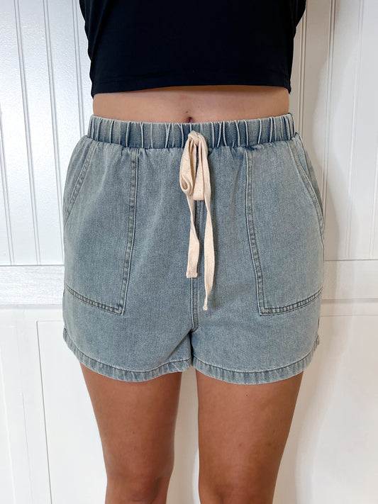 Brenda Washed Denim Shorts with Elastic Waist Band-She & Sky-06/30/25,1st md,Bin C5,bottoms,FD 06/03/25,OGP 49.99,Shorts,SY8960-The Twisted Chandelier