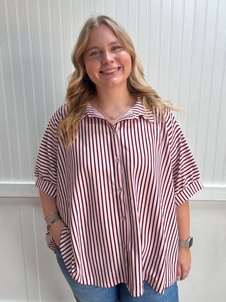 Merritt Oversized Stripe Button Down Shirt - Cabernet-Top-Zenana-Tops Collection-The Twisted Chandelier