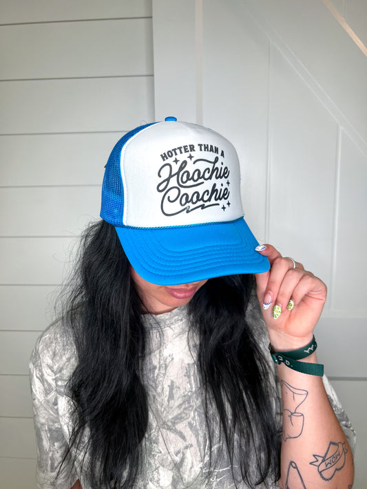 Hotter Than A Hoochie Coochie Snapback Foam Trucker Hat-Trucker Hat-Turquoise & Tequila-CR 04/21/25-The Twisted Chandelier