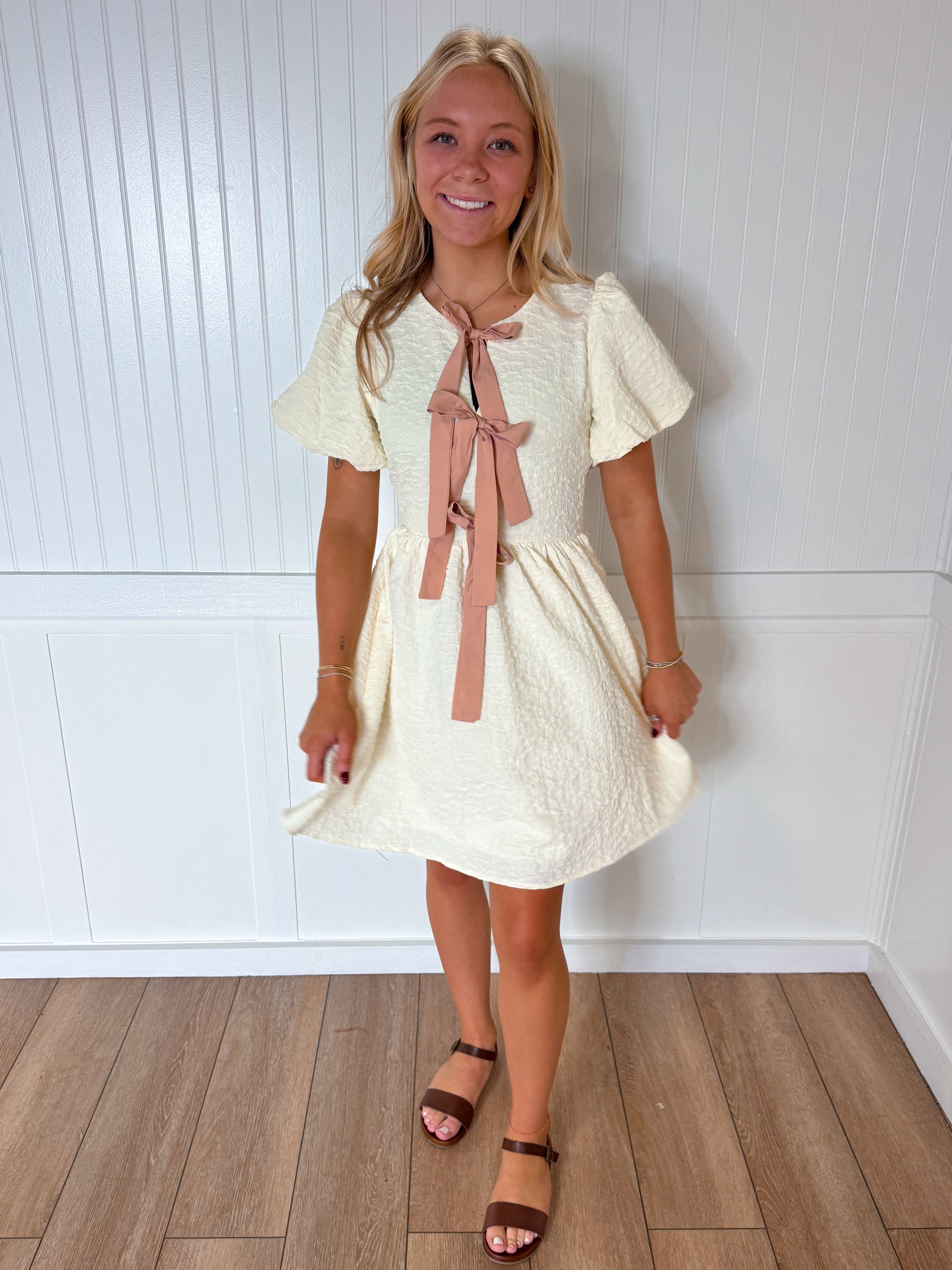 Bianca Bubble Textured Bow Tie Front Dress with Bubble Sleeves - Cream-Dress-idem ditto-1st md,BIN A 3,DJR,FD 05/13/25-The Twisted Chandelier