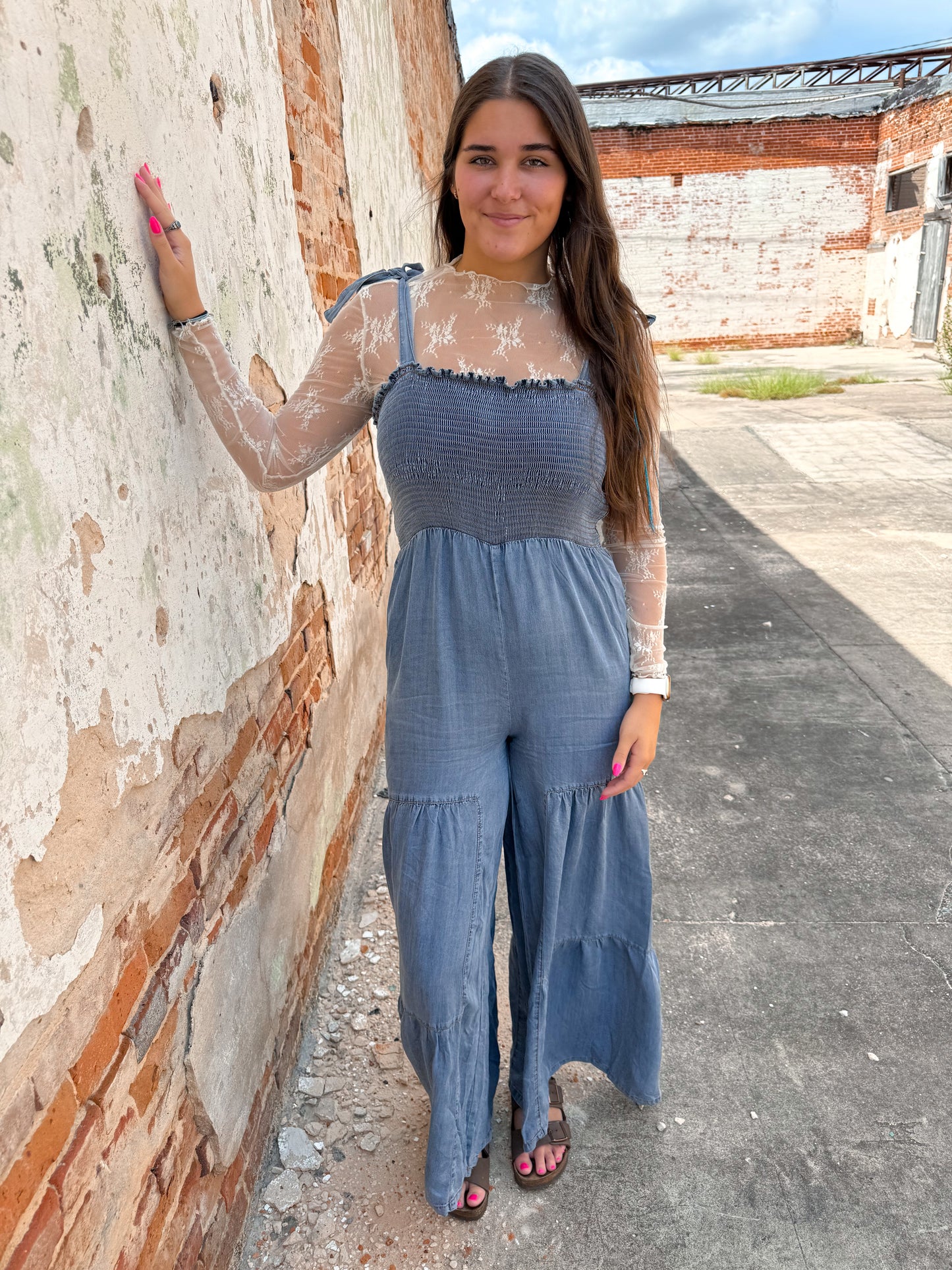 Claira Smocked Tie Shoulder Chambray Palazzo Wide Pant Jumpsuit-Romper-Entro-bin c3, CR 08/05/24-The Twisted Chandelier