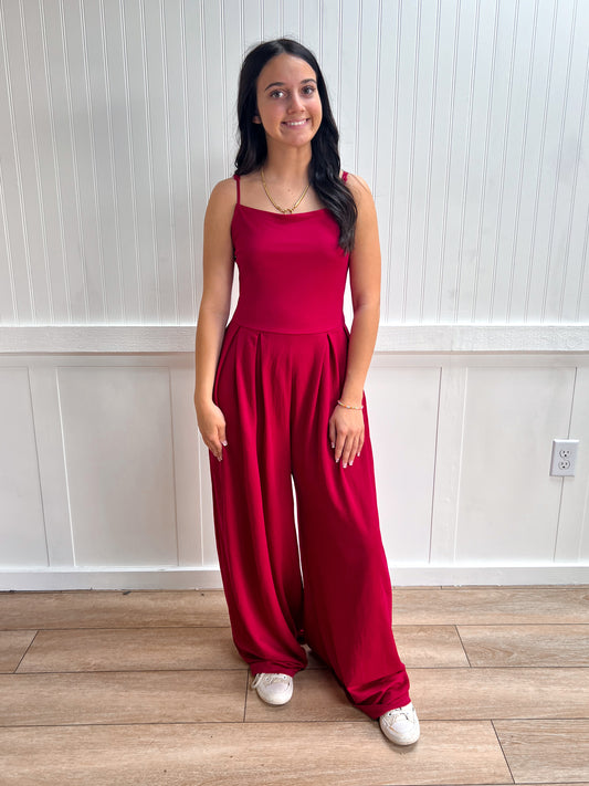 Nina Cami Straight Neckline Pleated Jumpsuit-Active Basic | Active USA-DJR-The Twisted Chandelier