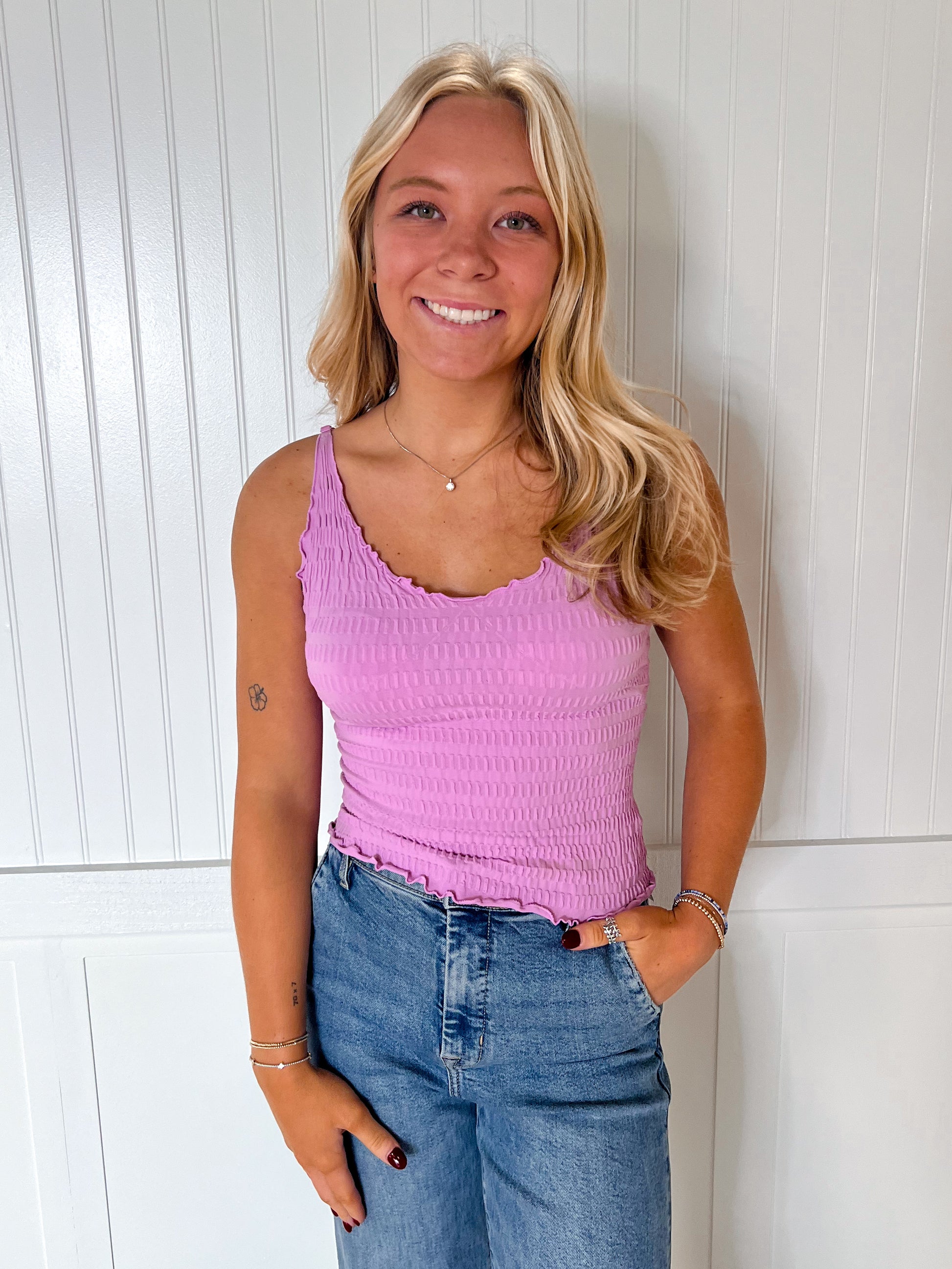 Saylor Lettuce Hem Stretchy Knit Sleeveless Top - Orchid-VERY J-Bin B5,FD 07/15/25,OGP 24.99,Tops Collection-The Twisted Chandelier