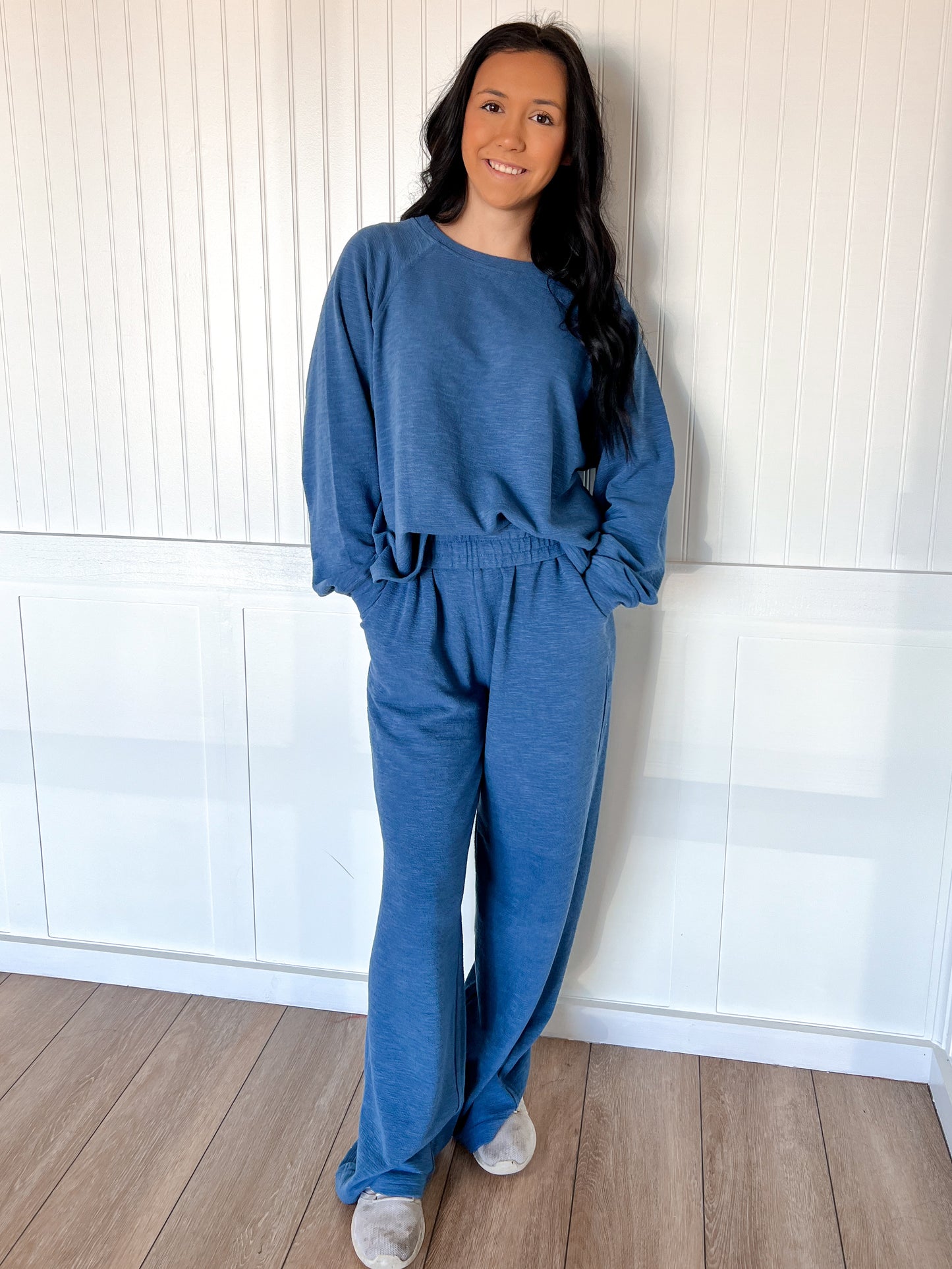 Sally Long Sleeve Top and Pant Set - Dusty Blue-Zenana-The Twisted Chandelier