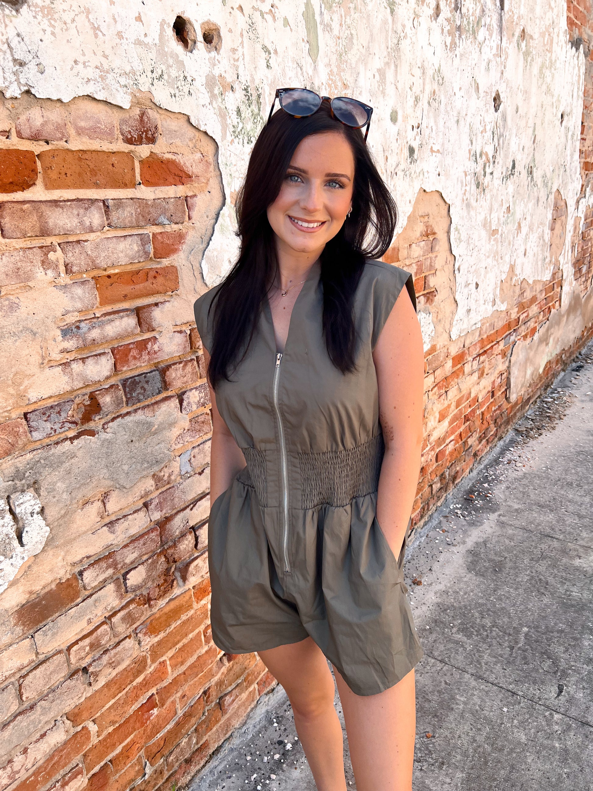 Jackie Woven Smocked Waist Front Zip Romper-Romper-She & Sky-Bin d2,DJR,FD 05/27/25-The Twisted Chandelier