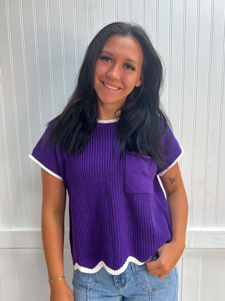 Peyton Drop Shoulder Short Sleeve Scallop Hem Sweater Top