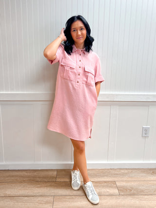 Blair Roll Up Short Sleeve Straight Linen Effect Mini Dress-Dress-Active Basic | Active USA-DJR,FD 02/03/26-The Twisted Chandelier
