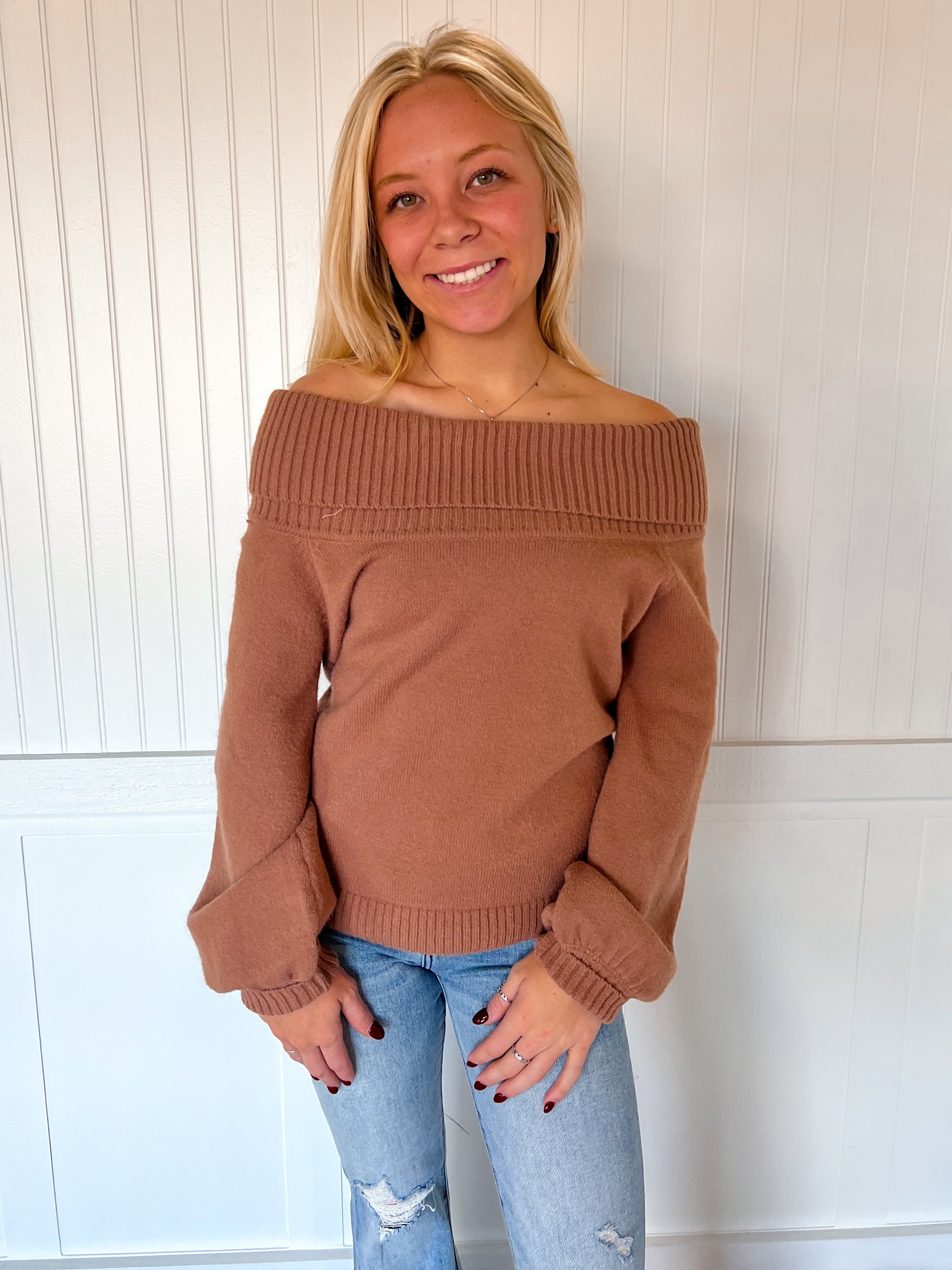 Mayci Ribbed Fold Over Off The Shoulder Knitted Sweater-Vine & Love-The Twisted Chandelier