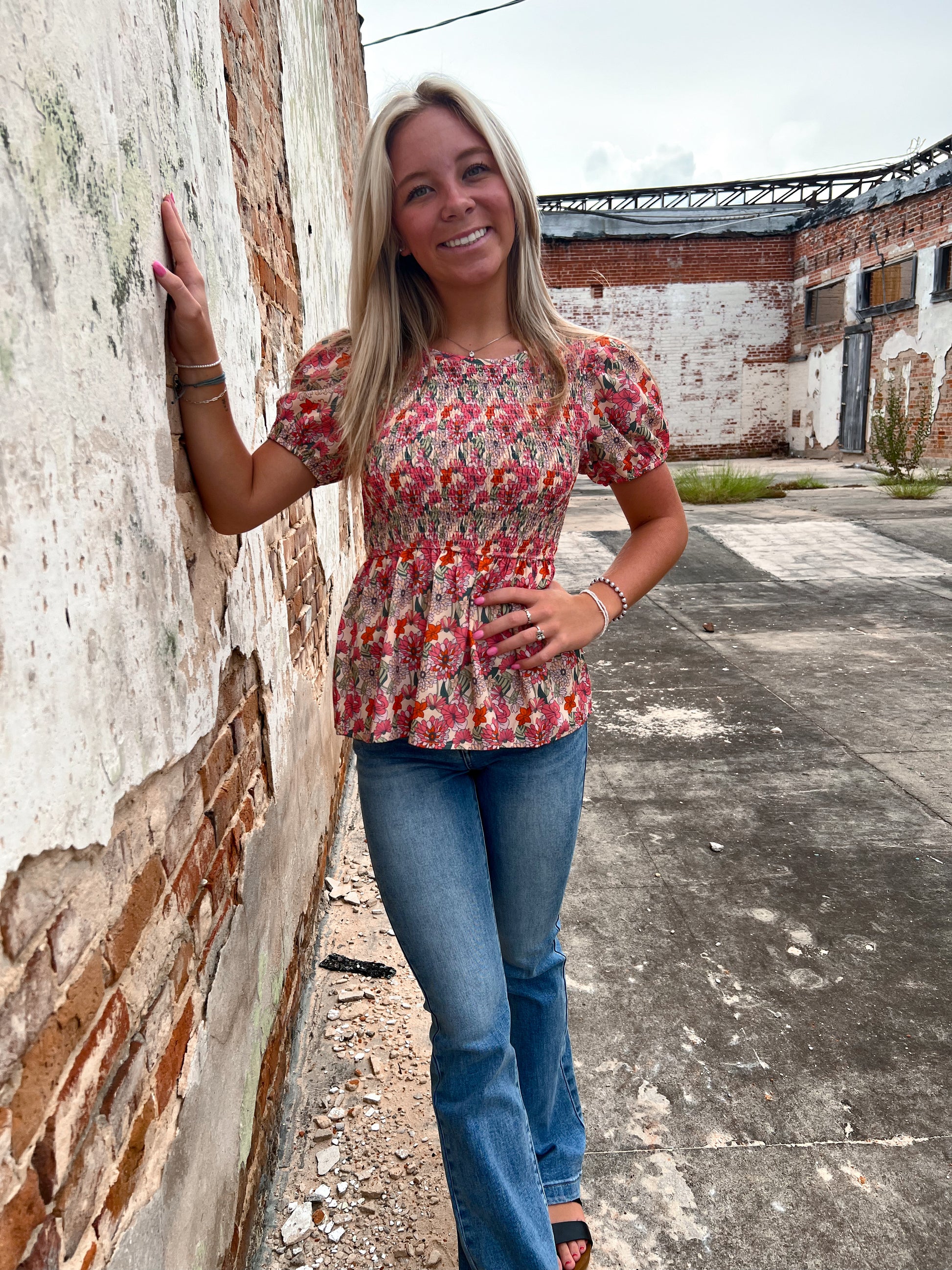 Floral Smocked Blouse-top-Southern Grace Wholesale-7896B, BIN A5, Tops Collection-The Twisted Chandelier