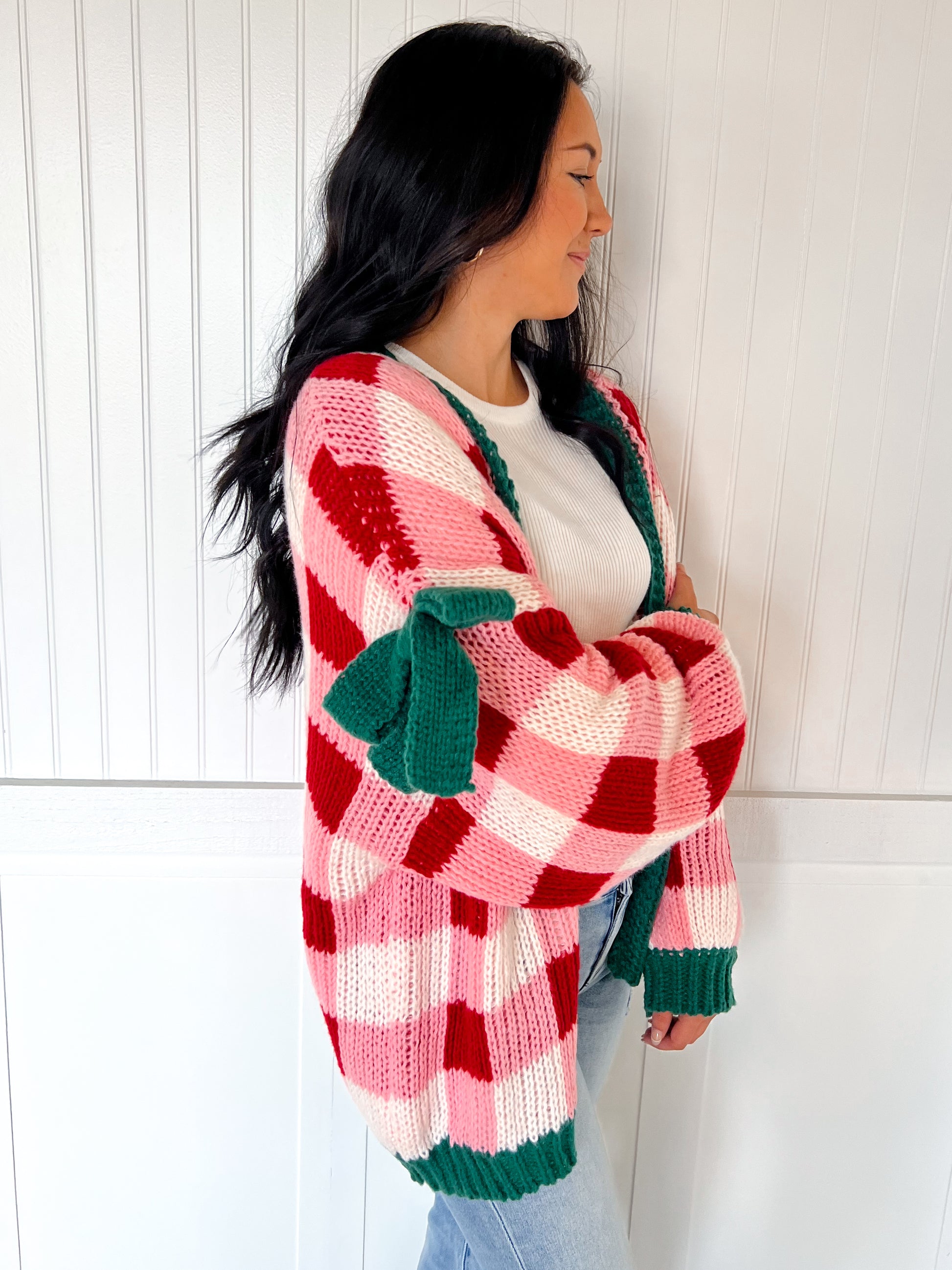 Tinsley Christmas Checkered Open Front Cardigan with Ribbon Sleeve Detail-Cardigan-BiBi-FD 11/6/25-The Twisted Chandelier
