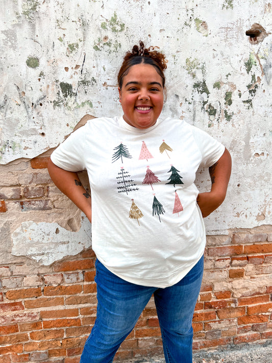 Colorful Christmas Trees Festive Graphic Tee - Plus-Shirts & Tops-Kissed Apparel-Bin C1, white-The Twisted Chandelier