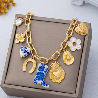 Blue & White Floral Western Charm Link Bracelet | 80B1803-JOSSLYN by wall to wall-The Twisted Chandelier