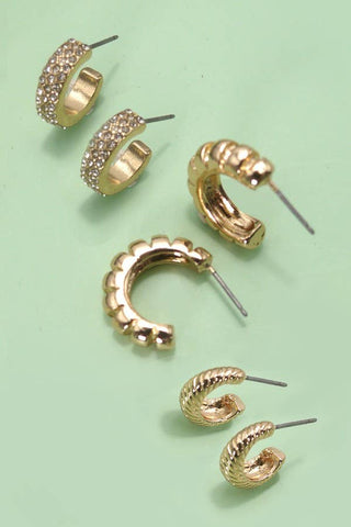 Trio Rhinestone Textured Huggie Hoop Earrings-JOSSLYN by wall to wall-80E5014-The Twisted Chandelier
