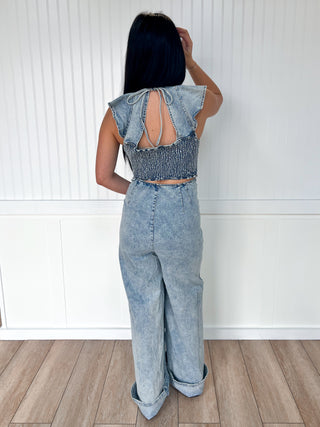 Rosie Ruffled Denim Jumpsuit-Jumpsuits & Rompers-JADE BY JANE-DJR,FD 01/23/26,JJS5035-The Twisted Chandelier