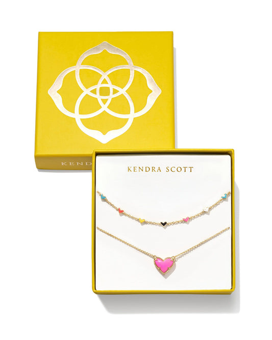 Kendra Scott Ari Haven Enamel Heart Necklace Gift Set Gold Neon Pink Magnesite-Gift Sets-Kendra Scott-G00047GLD-The Twisted Chandelier