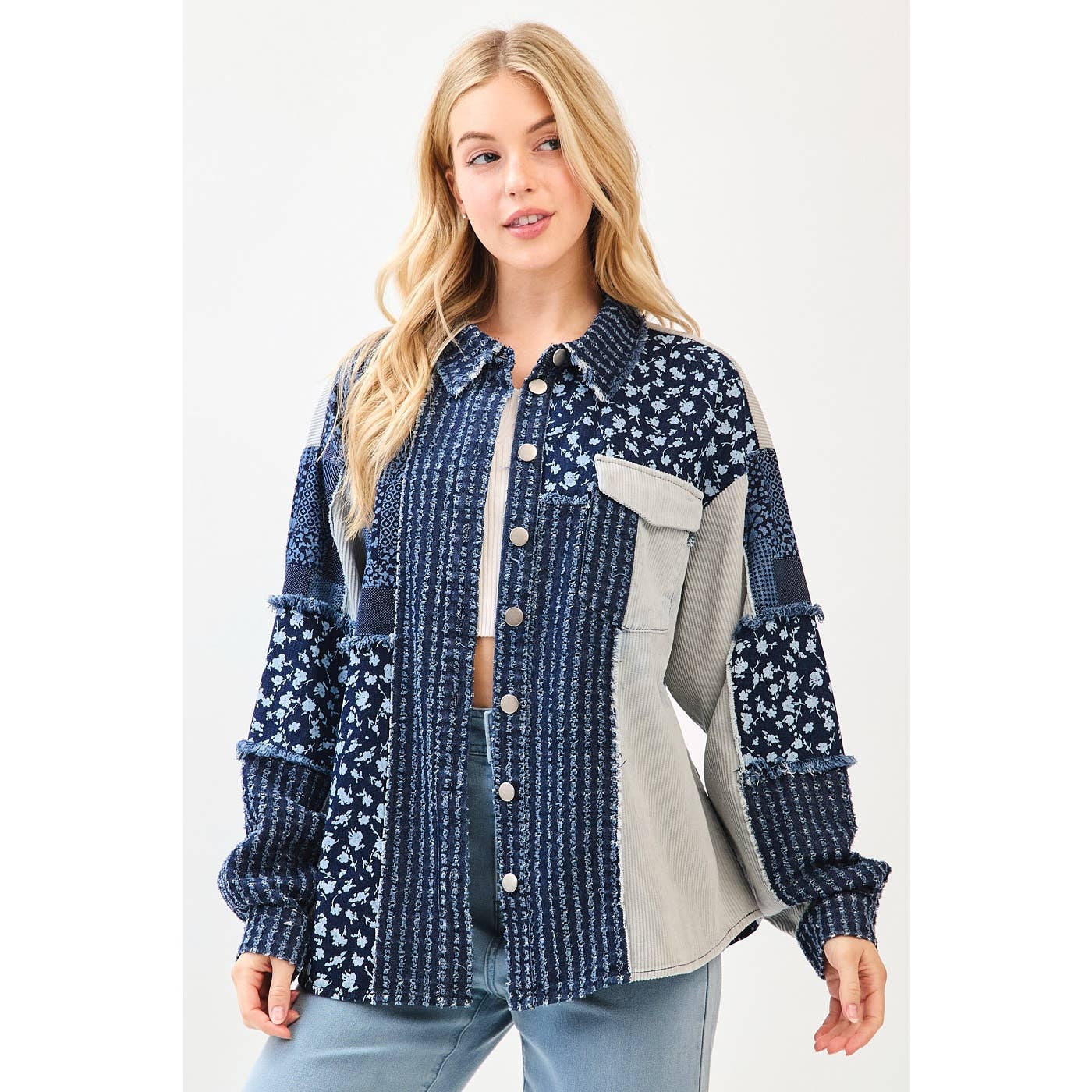 Lizzie Patchwork Mix Media Print Oversized Denim Shacket-mittoshop-The Twisted Chandelier