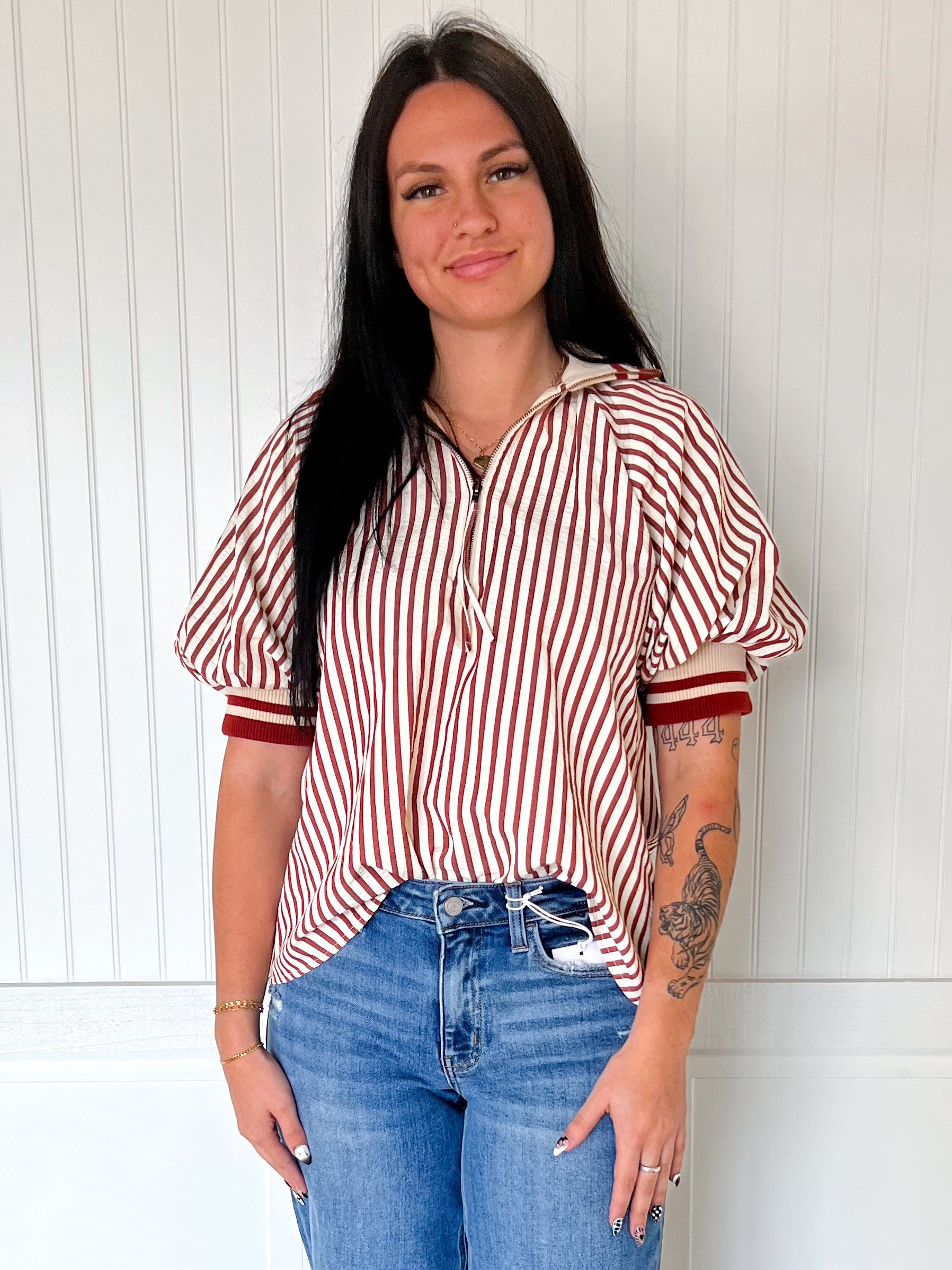 Rory Striped Collared Zip Top-The Twisted Chandelier-Bin B4,FD 10/23/25,Tops Collection-The Twisted Chandelier