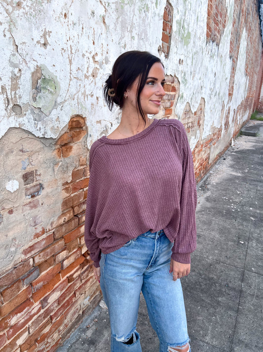 Everly Brushed Waffle Fabric Loose Fit Long Sleeve Top-La Miel-Bin d5,FD 8/5/25,HAT7565,Tops Collection-The Twisted Chandelier