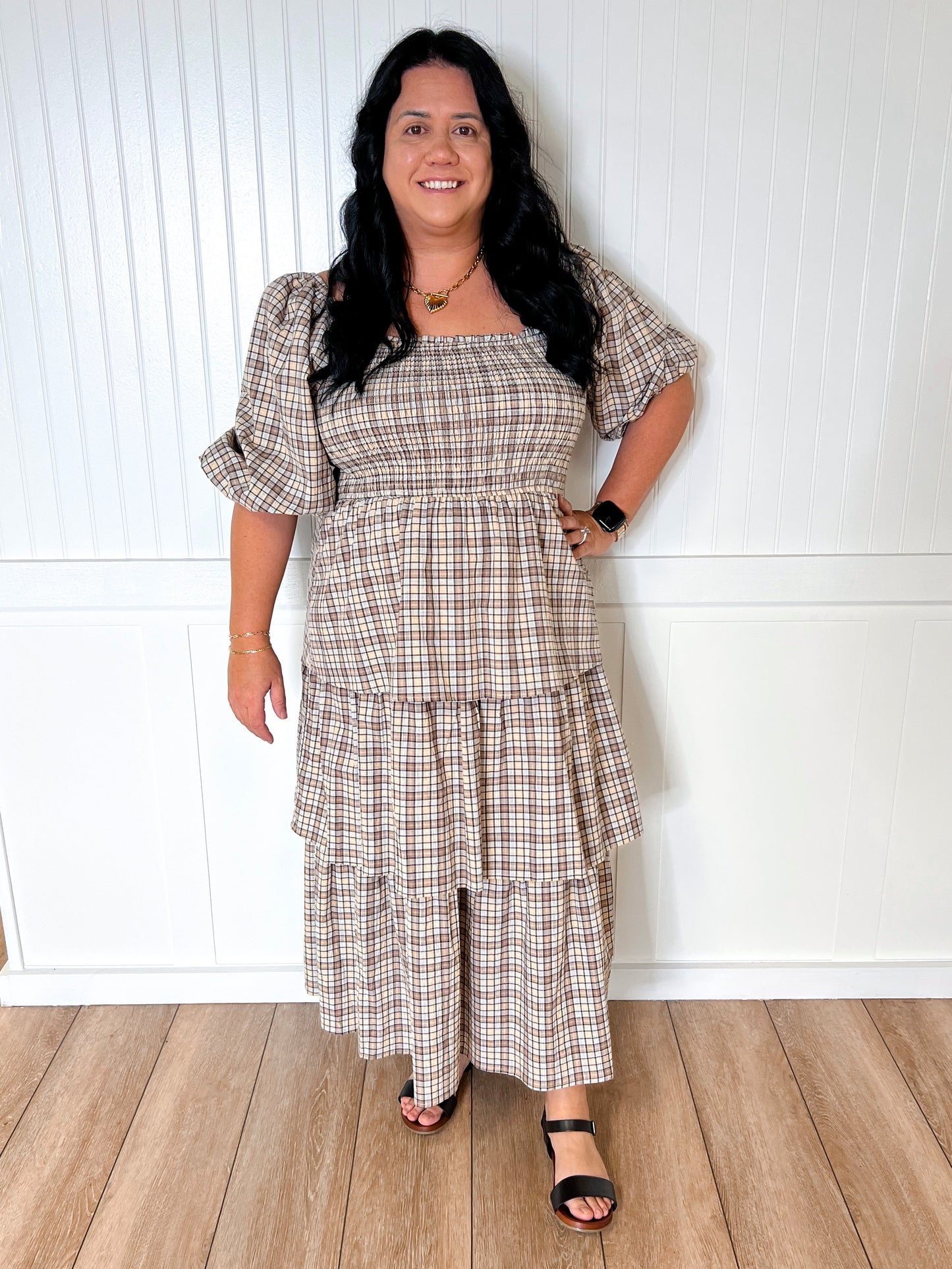 Charlotte Crinkled Plaid Smocked Top Midi Dress-Oddi-Bin B3,DJR,OGP 71.99-The Twisted Chandelier