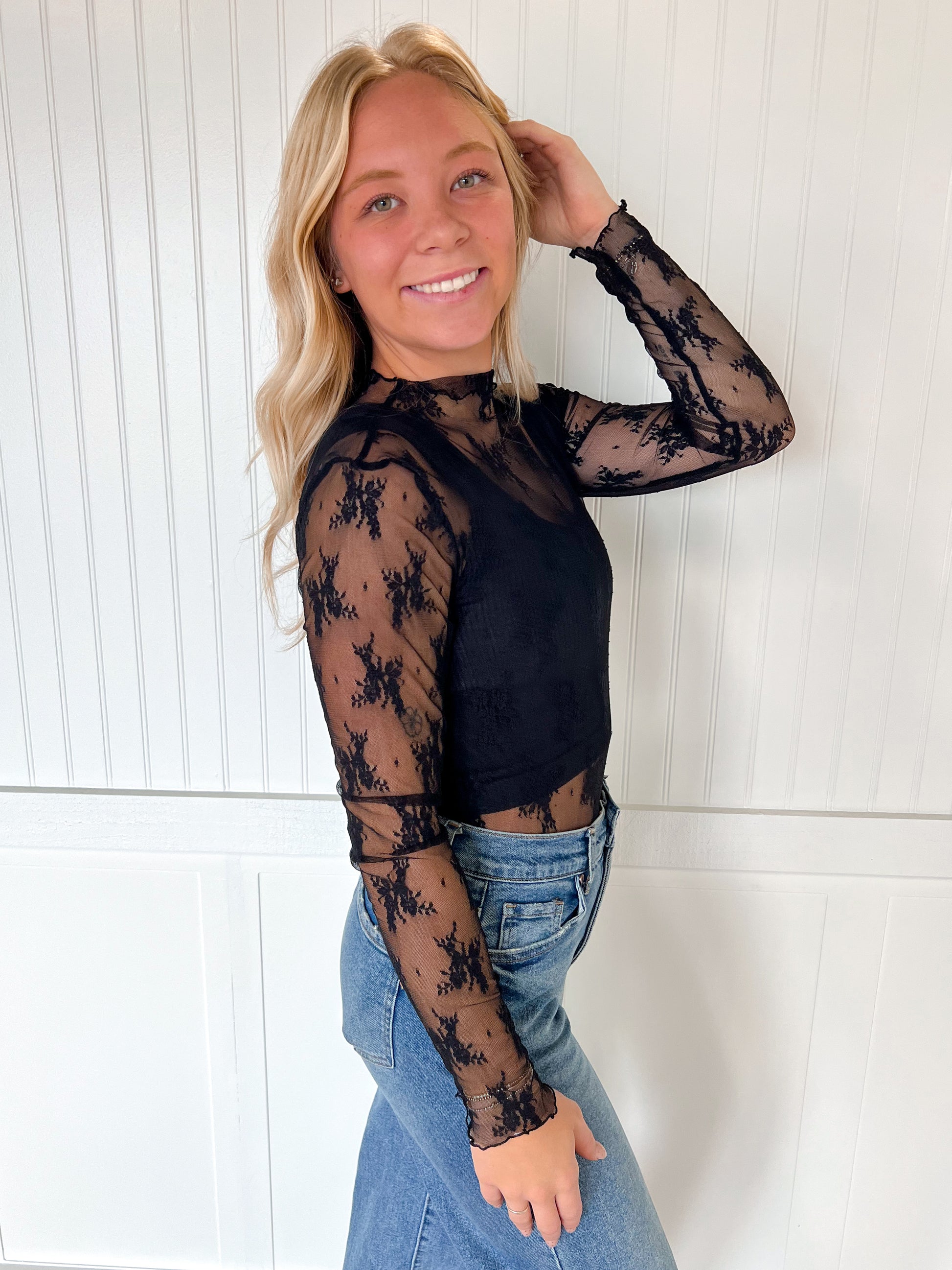 Lux Layering Floral Lace See Through Mesh Top Blouse | Black-Sheer Top-ZENANA-rodeo,Tops Collection-The Twisted Chandelier