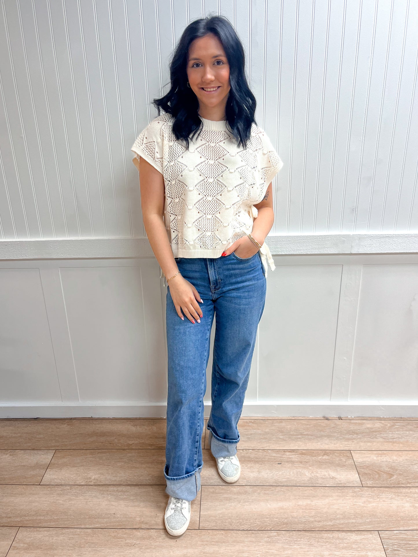 Zara Clip Dot Short Sleeve Side Tie Crochet Sweater-Blu Pepper-FD 03/12/26,Tops Collection-The Twisted Chandelier