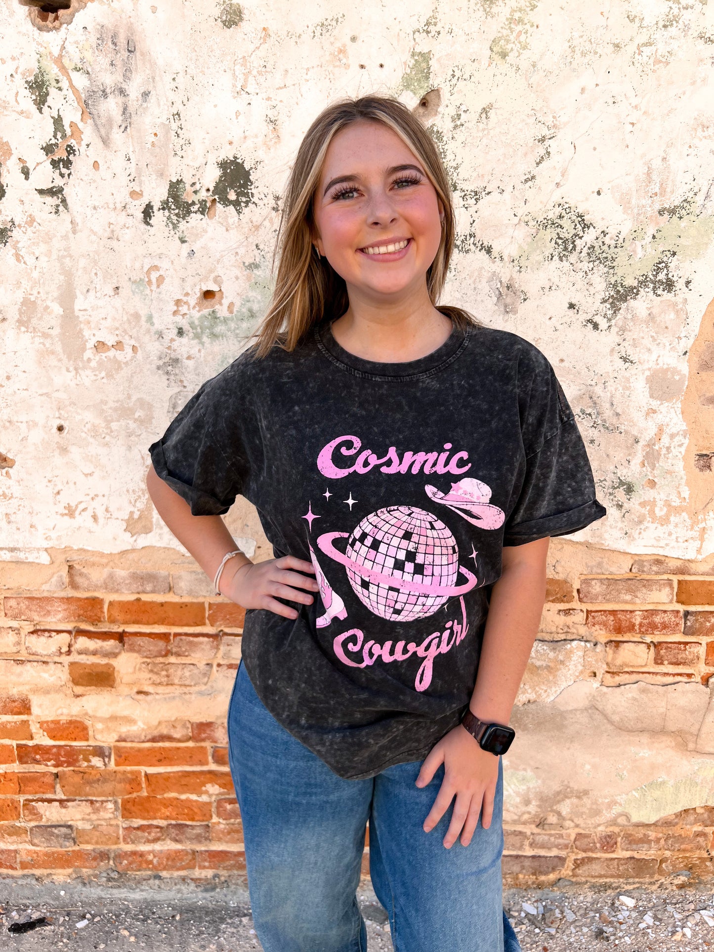 This Cosmic Cowgirl Disco Ball Graphic T-Shirt-top-Zutter-BIN B2-The Twisted Chandelier