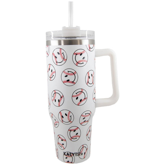 Baseball Happy Faces Stainless Steel Tumbler Cup-Tumbler-KATYDID-KDC-TUMB-30_WHT-The Twisted Chandelier