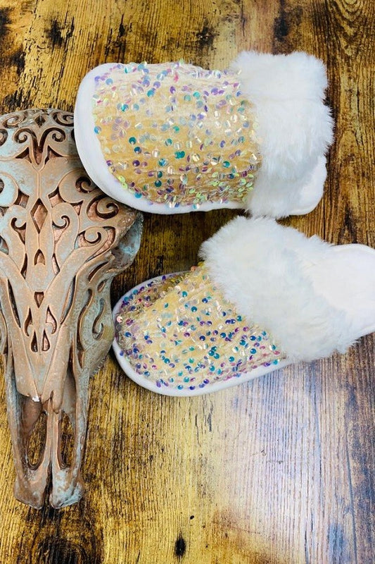 White Sequin Cozy Fluffy Fur Memory Foam House Slides-SHOES-Lucky & blessed--The Twisted Chandelier