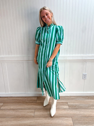 Charlotte Stripe Print Short Puff Sleeve Midi Dress-Dress-ENTRO-DJR,FD 04/20/26,OGP $72.99 5/28/26-The Twisted Chandelier