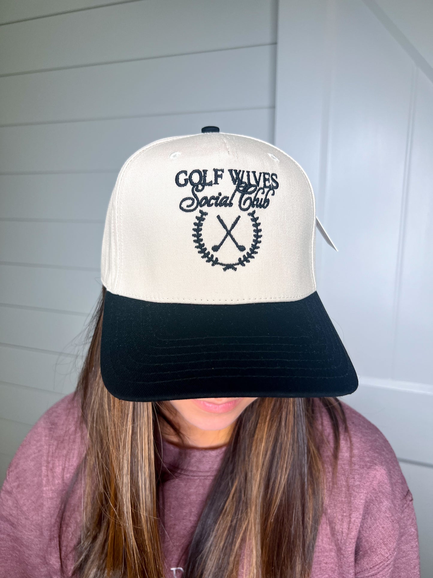 Golf Wives Social Club Two-Toned Fitted Hat-Katydid-FD 05/13/25-Black and Tan-The Twisted Chandelier