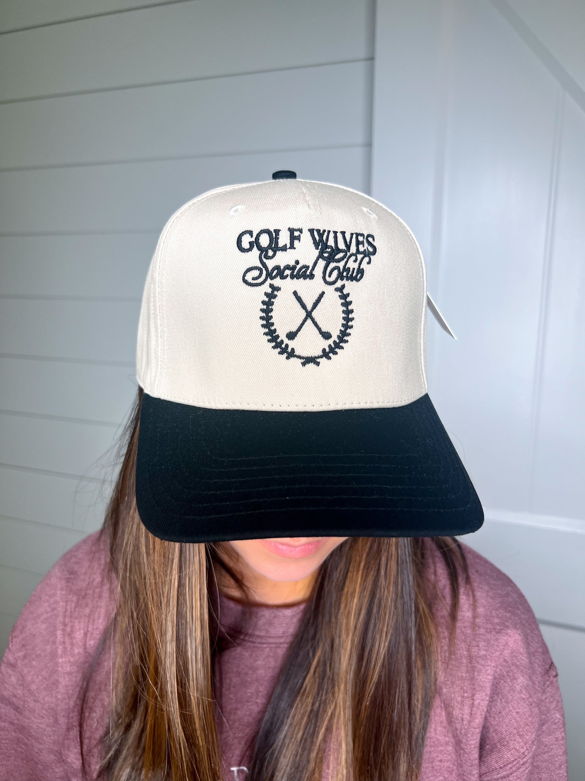 Golf Wives Social Club Two-Toned Fitted Hat-Katydid-FD 05/13/25-Black and Tan-The Twisted Chandelier