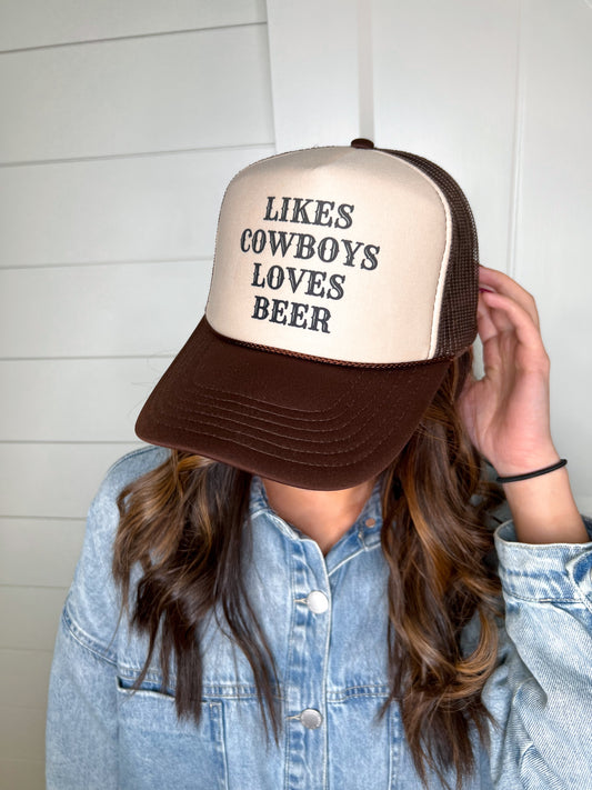 Likes Cowboys Loves Beer Snapback Foam Trucker Hat-Trucker Hat-Turquoise & Tequila-CR 04/21/25-The Twisted Chandelier