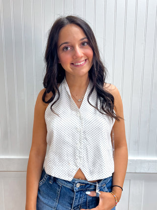 Margot Halter V-Neck Polka Dot Print Vest Top-Shirts & Tops-Active Basic | Active USA-FD 04/30/26,RWB,Tops Collection-The Twisted Chandelier
