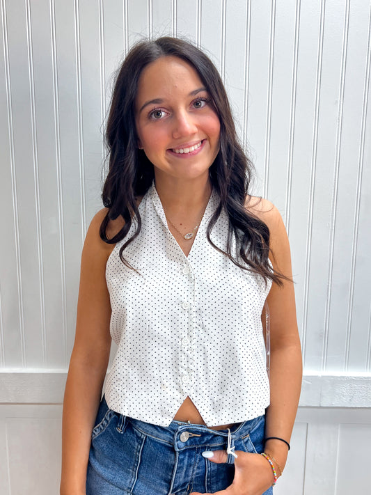 Margot Halter V-Neck Polka Dot Print Vest Top-Active Basic | Active USA-FD 04/30/26,Tops Collection-The Twisted Chandelier