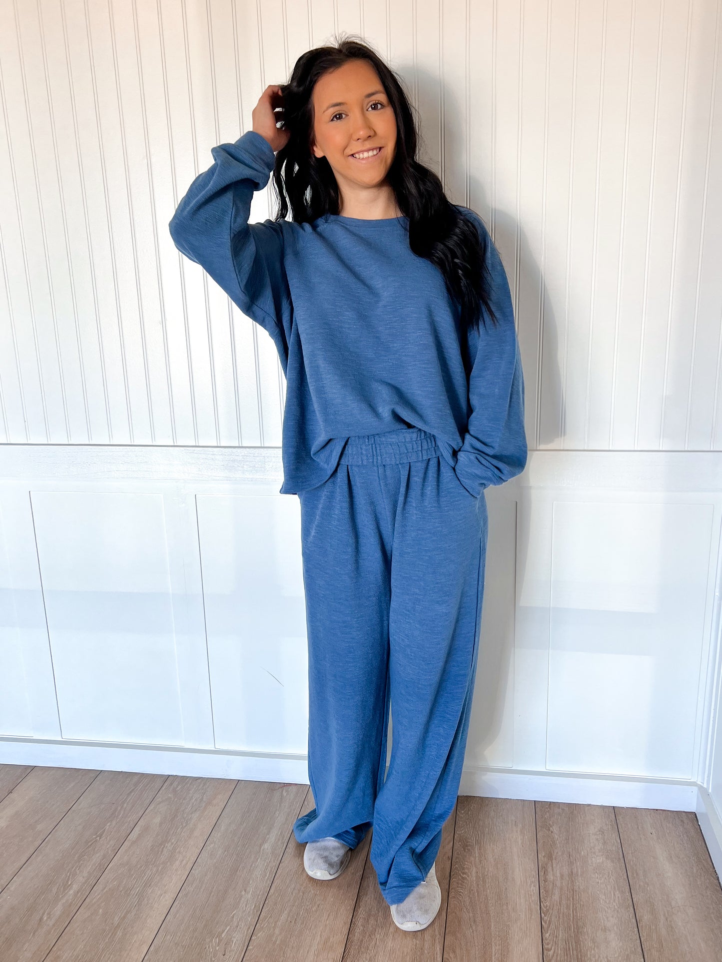 Sally Long Sleeve Top and Pant Set - Dusty Blue-Zenana-The Twisted Chandelier